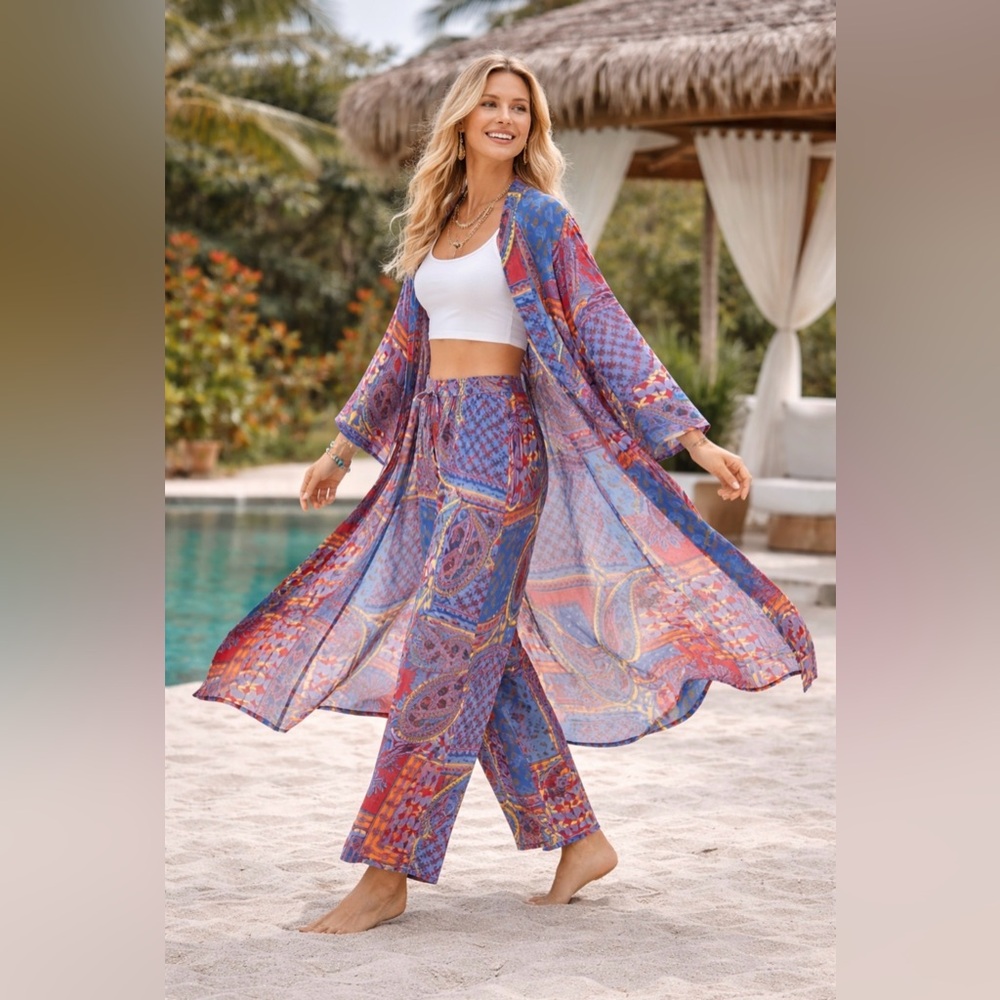 Raj Eva Paisley Mosaic Print 2 Piece Duster & Palazzo Pant Set Resort Large NWT